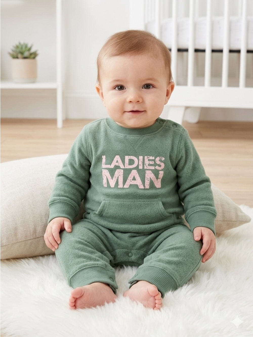 Carter's Baby Boy Ladies Man Sage Green Fleece Romper 3M EUC